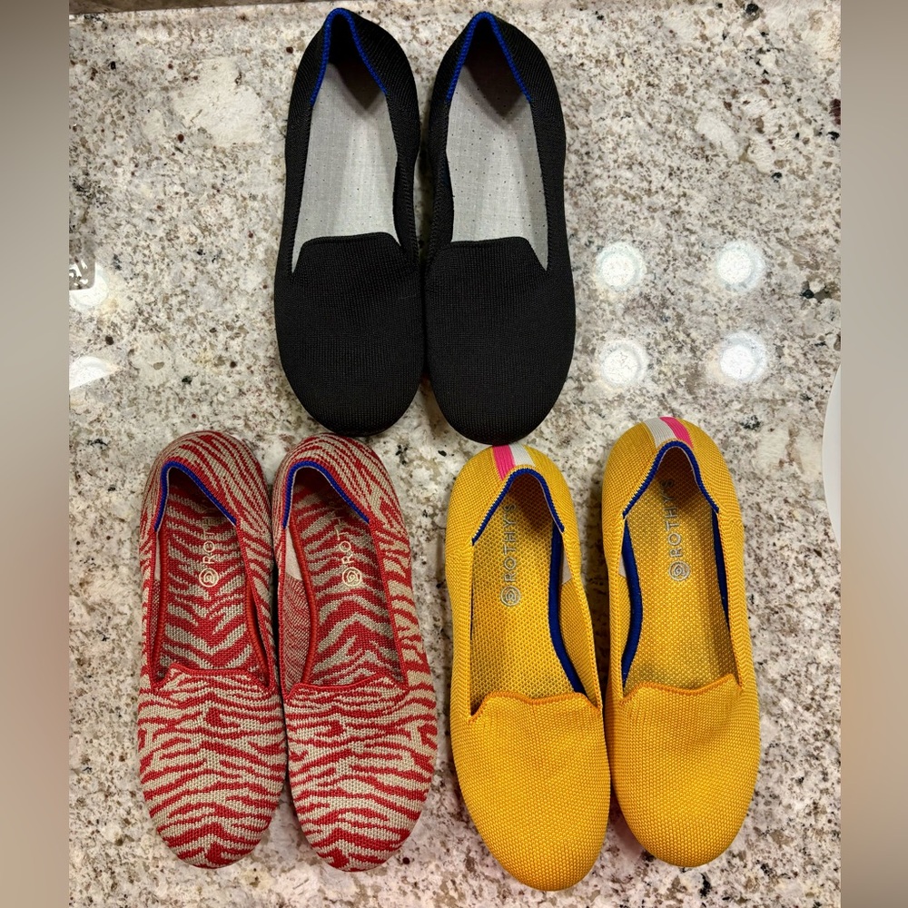Bundle of 3!!! Rothy’s The Kids Loafer Size 4 Black, Red Zebra, and Lemondrop